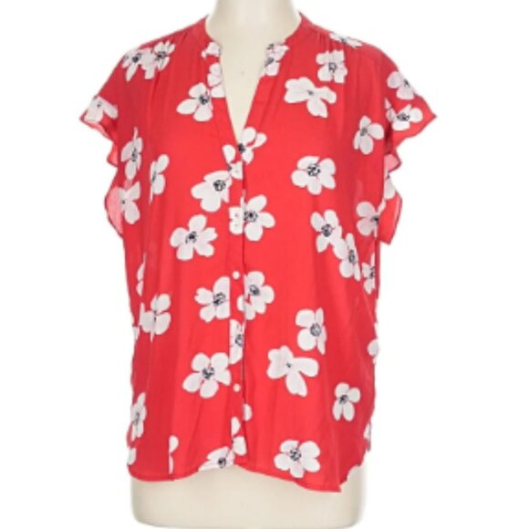 J. Crew Red White Floral Pattern Short Sleeve Button Blouse Size L NWOT - Picture 1 of 2